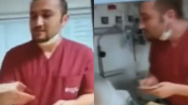 Tepki çeken görüntülerde bir personel hastanın yüzüne para atarak hakaret ettiği, diğerinin ise küfrettiği duyuluyor.
