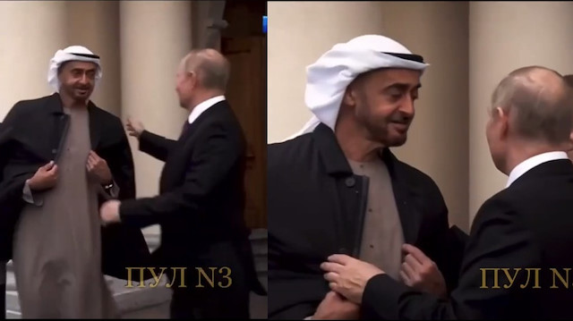 Görüntüde, Putin'in Al Nahyan'a üşüdüğü için kendi montunu verdiği anlar yer alıyor.