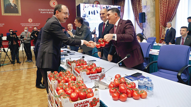 AK Parti Ağrı Milletvekili Ekrem Çelebi (sağda), Ticaret Bakanı Mehmet Muş’a yanında getirttiği Diyadin domatesini tanıttı.