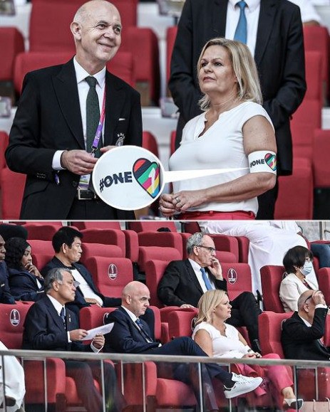 Almanya İçişleri Bakanı Nancy Feaser, FIFA Başkanı Infantino'nun yanında LGBT temalı kol bandı taktı ve maçı takip etti.