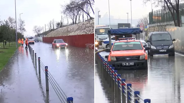 Bakırköy'de sahil yolunu su bastı: 3 araç mahsur kaldı