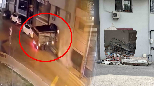 Freni boşalan kamyon bodoslama eve daldı: Kaza anı kameralara yansıdı