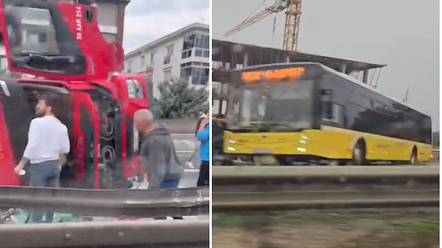 E-5 Karayolu'nda yağışlı havada peş peşe felaket: Tır devrildi, otobüs yoldan çıktı, trafik felç