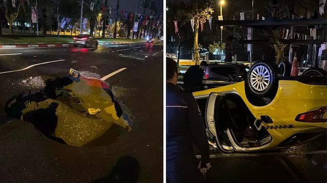 İstanbul’da sağanak hayatı felç etti: Vatan Caddesi’nde yol çöktü, taksi takla attı