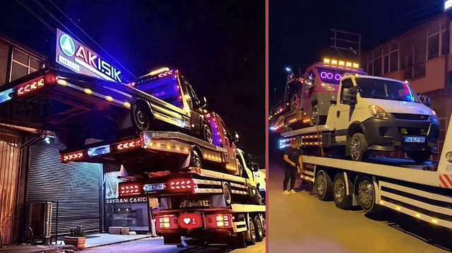 Kısa sürede viral oldu: Bir çekicinin üzerine üç çekici yükledi