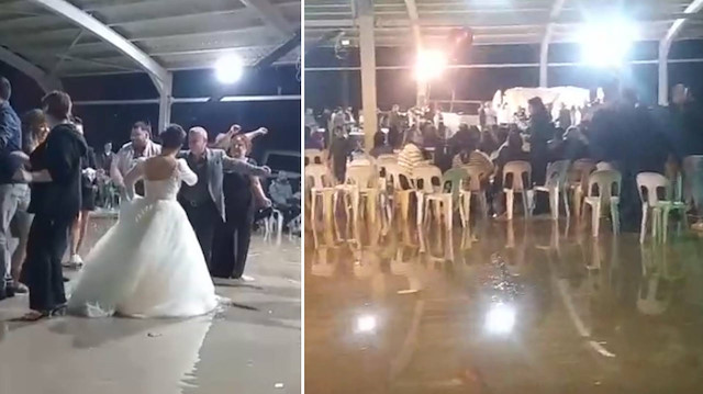 Antalya’da düğün pistini yağmur bastı: Su dolu pistte kutlama devam etti