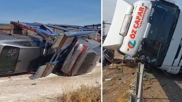 Yolda kargaşa: TIR devrildi, milyonluk otomobiller hasar gördü