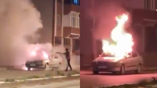 Amasya'da korku dolu anlar: Hastane önünde araç alev alev yandı