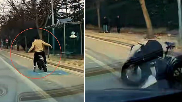 ​İki teker üstünde tehlikeli yolculuk: Eli cebinde giderken araba altında kalmaktan son anda kurtuldu! | YEREL HABERLER