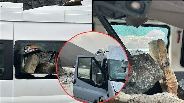 ​Facia kıl payıyla atlatıldı: Seyir halindeki yolcu minibüsüne kaya parçaları düştü | YEREL HABERLER