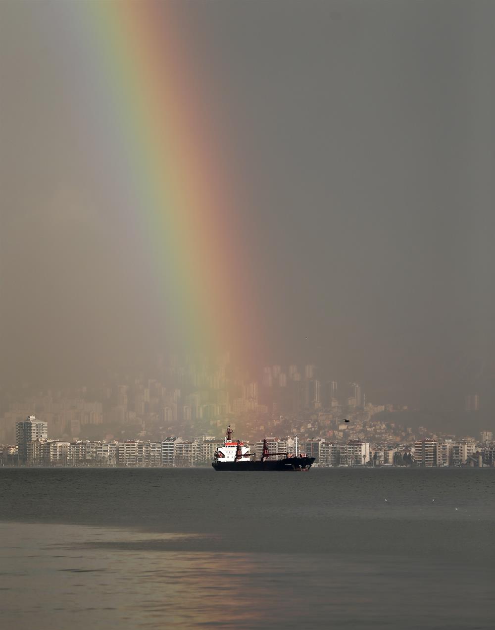 Vibrant rainbow forms over Izmir after rain