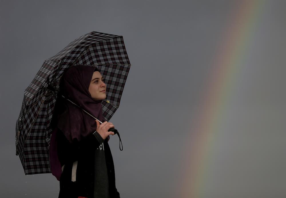 Vibrant rainbow forms over Izmir after rain