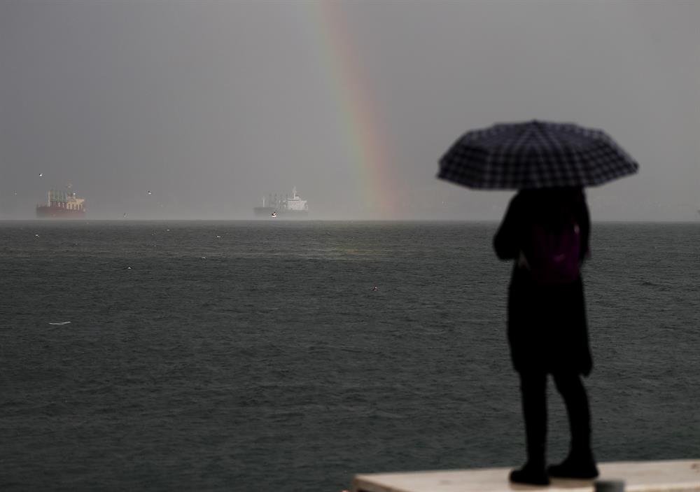 Vibrant rainbow forms over Izmir after rain