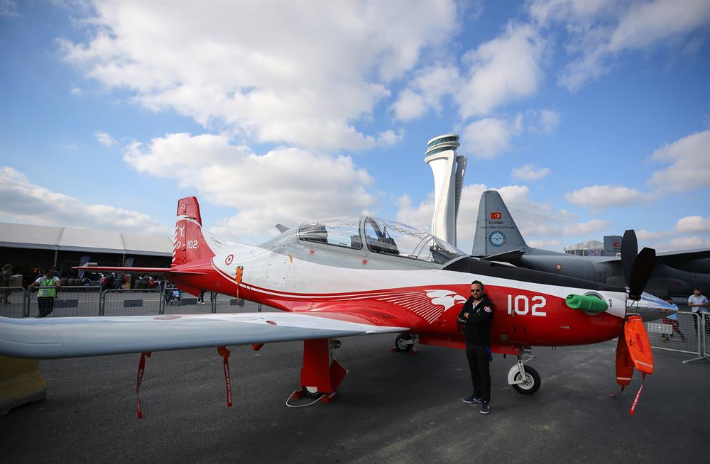 'HÜRKUŞ, Basic and Primary Trainer Aircraft' designed and upgraded by Turkish Aerospace Industries (TAI) is displayed during the 'Teknofest Istanbul' Aerospace and Technology Festival on September 22, 2018 in Istanbul, Turkey. Teknofest Istanbul is being organized by the Turkey Technology Team Foundation (T3) and the Istanbul Metropolitan Municipality to promote and to showcase Turkey's rapid advance in technology on September 20-23 at the city's new airport.

