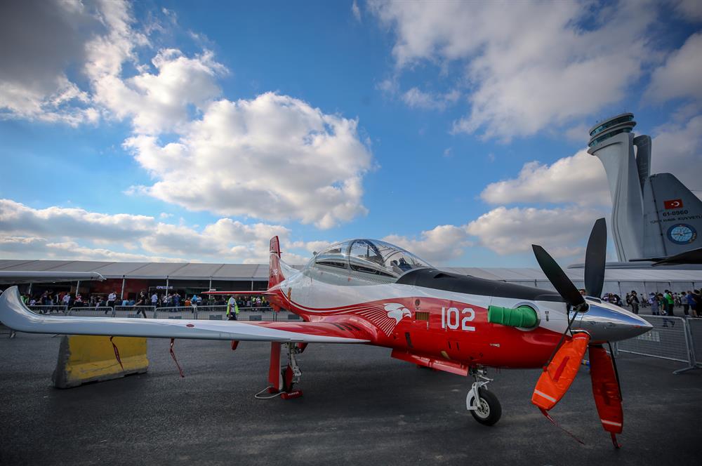 'HÜRKUŞ, Basic and Primary Trainer Aircraft' designed and upgraded by Turkish Aerospace Industries (TAI) is displayed during the 'Teknofest Istanbul' Aerospace and Technology Festival on September 22, 2018 in Istanbul, Turkey. Teknofest Istanbul is being organized by the Turkey Technology Team Foundation (T3) and the Istanbul Metropolitan Municipality to promote and to showcase Turkey's rapid advance in technology on September 20-23 at the city's new airport.

