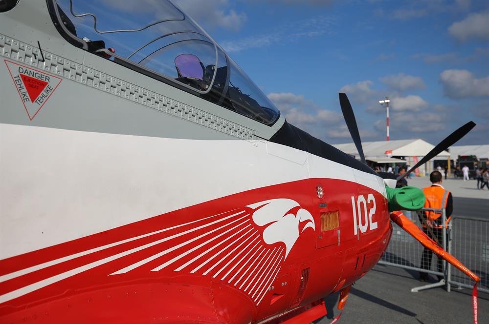 'HÜRKUŞ, Basic and Primary Trainer Aircraft' designed and upgraded by Turkish Aerospace Industries (TAI) is displayed during the 'Teknofest Istanbul' Aerospace and Technology Festival on September 22, 2018 in Istanbul, Turkey. Teknofest Istanbul is being organized by the Turkey Technology Team Foundation (T3) and the Istanbul Metropolitan Municipality to promote and to showcase Turkey's rapid advance in technology on September 20-23 at the city's new airport.

