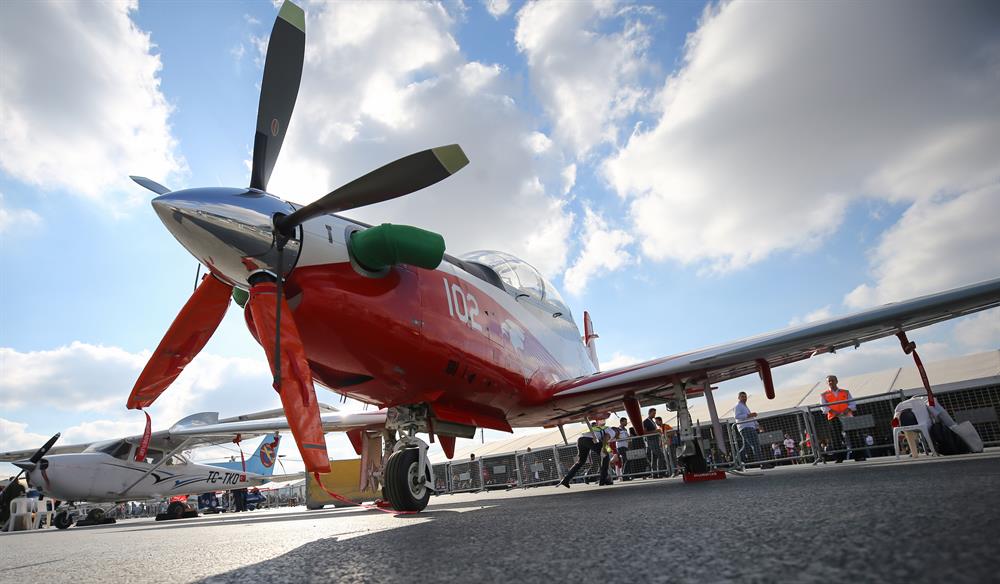 'HÜRKUŞ, Basic and Primary Trainer Aircraft' designed and upgraded by Turkish Aerospace Industries (TAI) is displayed during the 'Teknofest Istanbul' Aerospace and Technology Festival on September 22, 2018 in Istanbul, Turkey. Teknofest Istanbul is being organized by the Turkey Technology Team Foundation (T3) and the Istanbul Metropolitan Municipality to promote and to showcase Turkey's rapid advance in technology on September 20-23 at the city's new airport.

