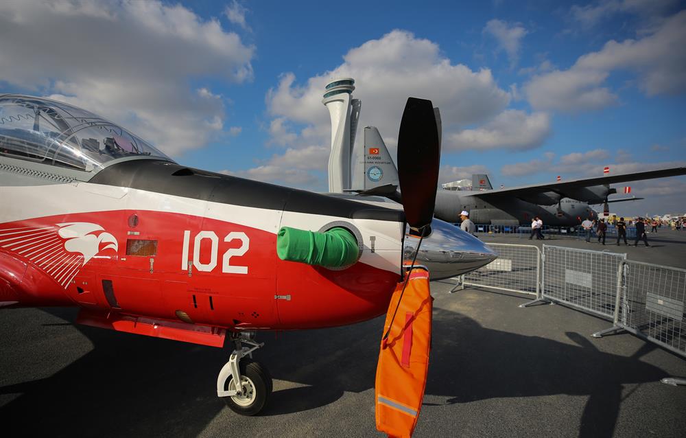 'HÜRKUŞ, Basic and Primary Trainer Aircraft' designed and upgraded by Turkish Aerospace Industries (TAI) is displayed during the 'Teknofest Istanbul' Aerospace and Technology Festival on September 22, 2018 in Istanbul, Turkey. Teknofest Istanbul is being organized by the Turkey Technology Team Foundation (T3) and the Istanbul Metropolitan Municipality to promote and to showcase Turkey's rapid advance in technology on September 20-23 at the city's new airport.

