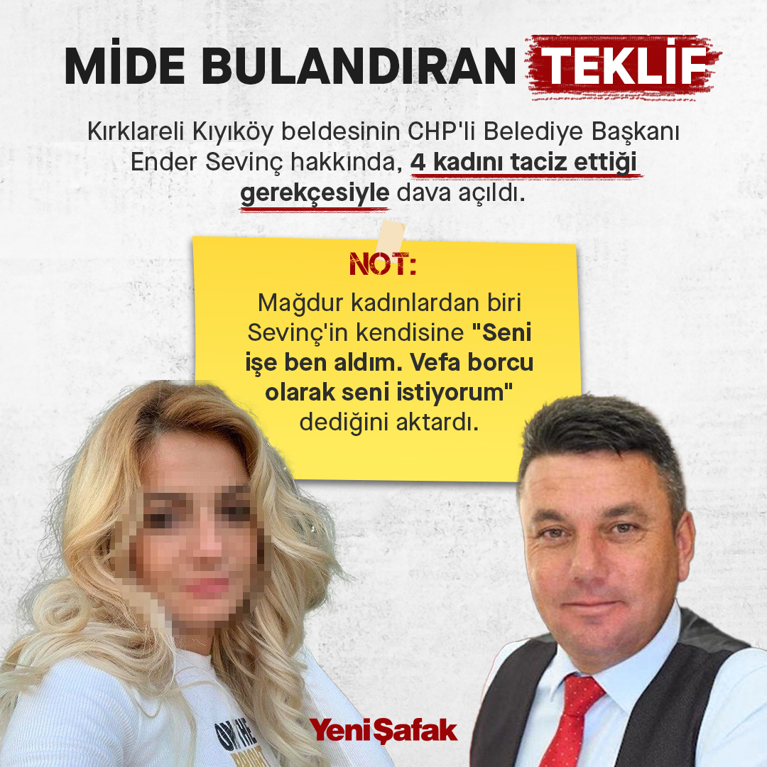 kirklareli nin turistik kiyikoy beldesinin chp li belediye baskani ender sevinc hakkinda belediyede calisan 4 kadini taciz ettigi gerekcesiyle 34 yila kadar hapis istemiyle dava acildi infografikler yeni safak