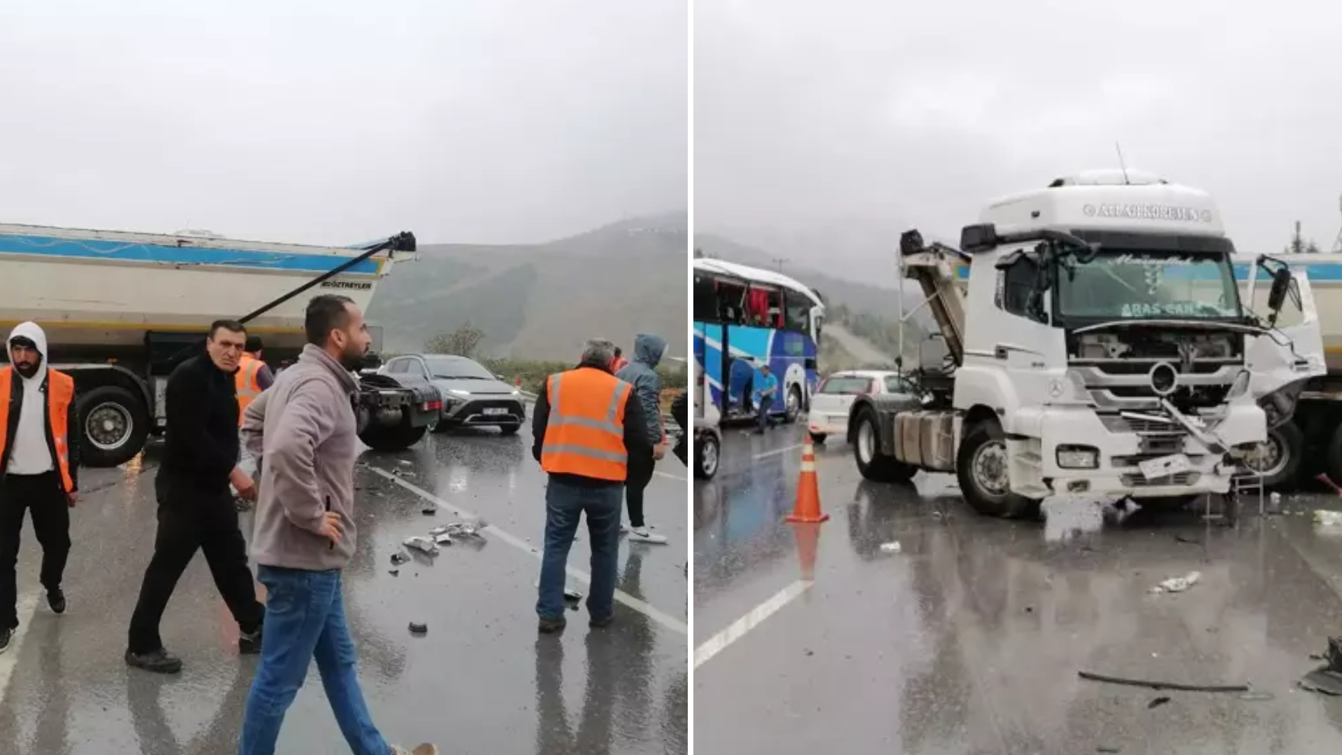 Yolcu otobüsü aniden şerit değiştiren hafriyat kamyonuna çarptı